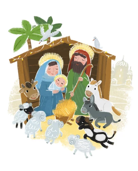 卡通画圣家约瑟夫玛丽给孩子们的传统场景画图 — 图库照片