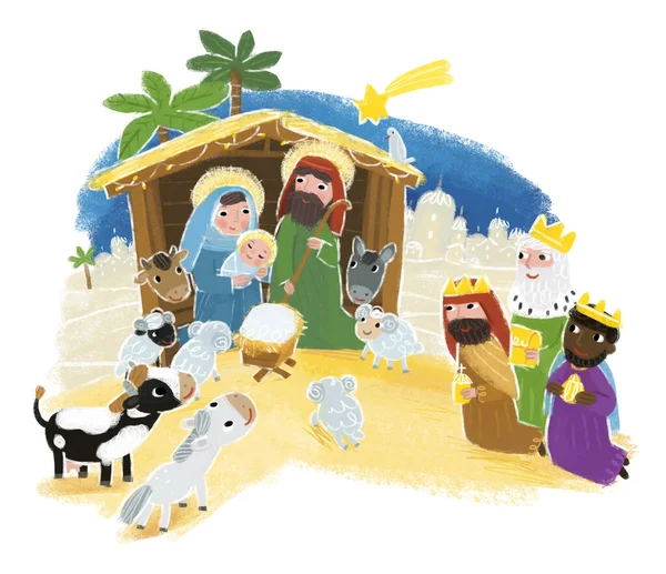 Cartoon Illustration Holy Family Josef Mary Traditional Scene Illustration Kids — Stock Photo, Image
