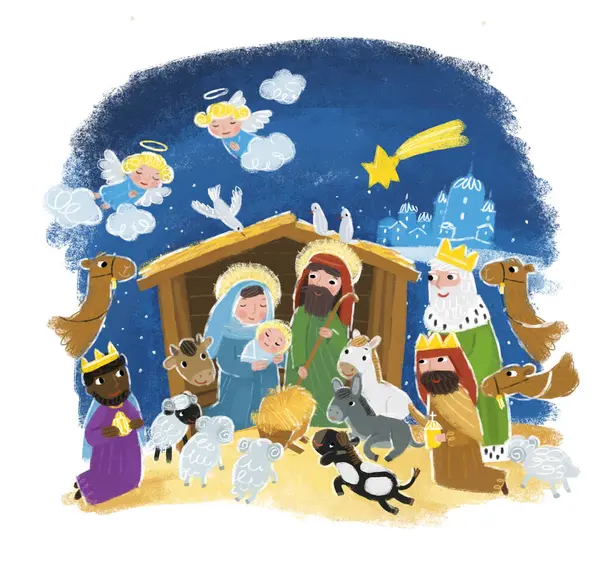 Мультфильм Иллюстрация Святой Семьи Josef Mary Традиционной Иллюстрации Сцены Детей — стоковое фото
