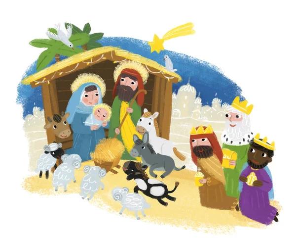 Cartoon Illustration Holy Family Josef Mary Traditional Scene Illustration Kids — Stock Photo, Image