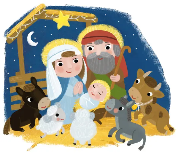 Desenho Animado Ilustração Santa Família Josef Mary Cena Tradicional Ilustração — Fotografia de Stock