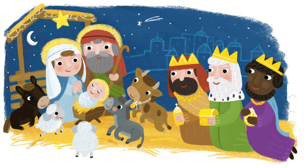 cartoon illustration of the holy family josef mary traditional scene illustration for kids