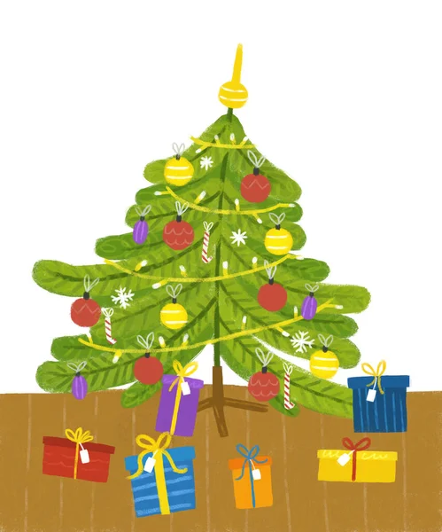 Σκηνή Κινουμένων Σχεδίων Πολύχρωμη Εορταστική Εικονογράφηση Χριστουγεννιάτικο Δέντρο Για Παιδιά — Φωτογραφία Αρχείου
