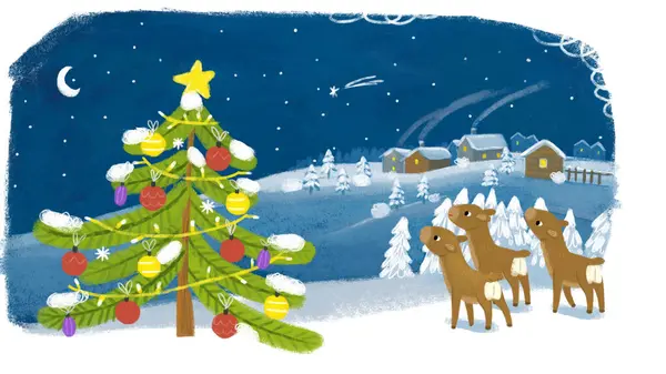 Cartoon Glückliche Szene Mit Weihnachtsbaum Und Hirschen Illustration Für Kinder — Stockfoto