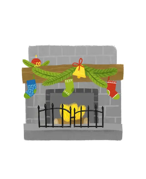 Cartoon Glückliche Weihnachtsszene Mit Dekorierten Warmen Kamin Kamin Mit Geschenken — Stockfoto