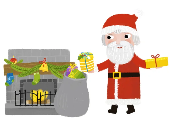 Cartoon Gelukkig Kersttafereel Met Versierde Warme Open Haard Schoorsteen Met — Stockfoto
