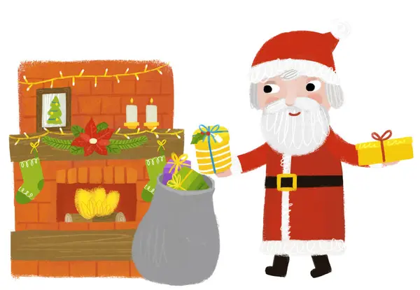 Dibujos Animados Feliz Escena Navidad Con Chimenea Cálida Decorada Con —  Fotos de Stock