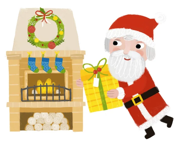 Dibujos Animados Feliz Escena Navidad Con Chimenea Cálida Decorada Con —  Fotos de Stock