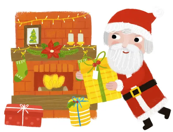 Cartoon Glückliche Weihnachtsszene Mit Dekorierten Warmen Kamin Kamin Mit Geschenken — Stockfoto