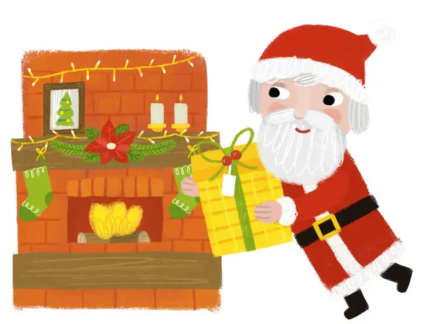 Cartoon Gelukkig Kersttafereel Met Versierde Warme Open Haard Schoorsteen Met — Stockfoto