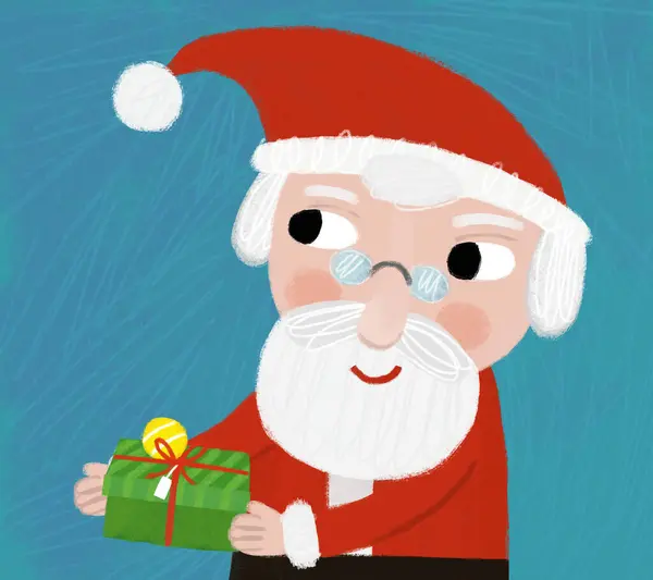 Cena Dos Desenhos Animados Com Feliz Papai Noel Calus Segurando — Fotografia de Stock