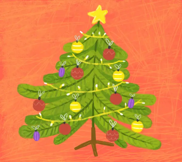 子供のためのカラフルなお祝いのクリスマスツリーイラストと漫画のシーン — ストック写真