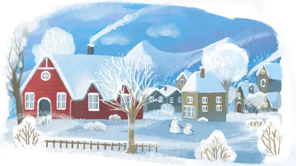 Cartone Animato Natale Inverno Felice Scena Con Città Nella Neve — Foto Stock