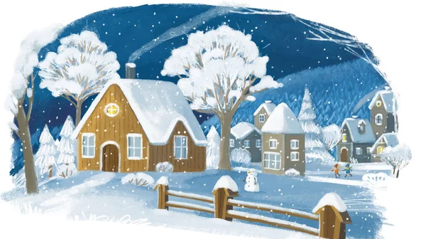 Cartoon Weihnachten Winter Glückliche Szene Mit Stadt Schnee Illustration Für — Stockfoto