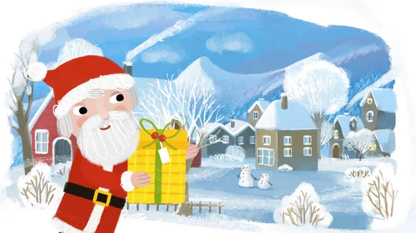 Desenhos Animados Natal Inverno Feliz Cena Com Cidade Neve Ilustração — Fotografia de Stock