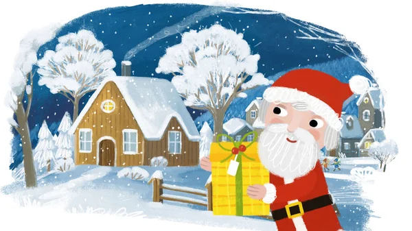 Desenhos Animados Natal Inverno Feliz Cena Com Cidade Neve Ilustração — Fotografia de Stock
