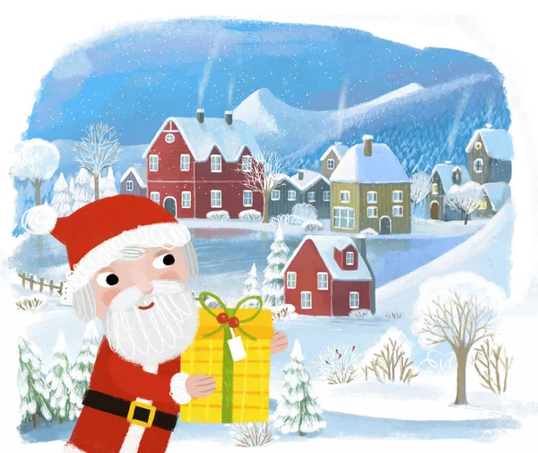 Cartoon Kerst Winter Gelukkig Scène Met Stad Sneeuw Illustratie Voor — Stockfoto