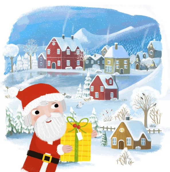 Dibujos Animados Navidad Invierno Feliz Escena Con Ciudad Nieve Ilustración —  Fotos de Stock