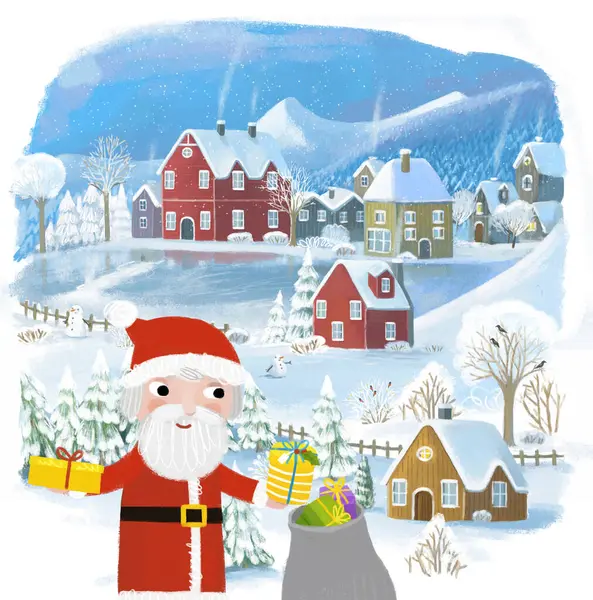 子供のための雪のイラストの町との漫画のクリスマスの冬の幸せなシーン — ストック写真