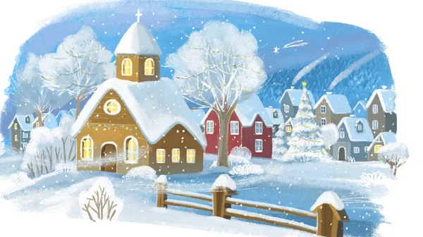 Kreslené Vánoce Zima Šťastná Scéna Městem Sněhu Ilustrace — Stock fotografie