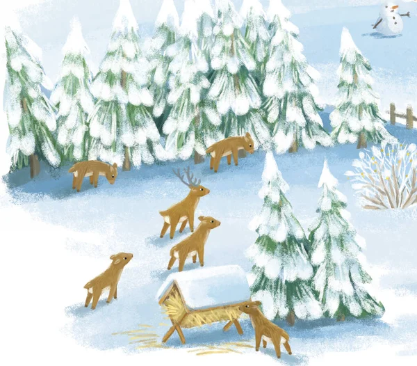 Κινουμένων Σχεδίων Χριστούγεννα Σκηνή Την Πόλη Χειμώνα Κάποια Άγρια Ζώα — Φωτογραφία Αρχείου