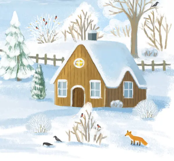 Kreslené Vánoční Scéna Městem Zimě Některými Divokými Zvířaty Blízkosti Města — Stock fotografie