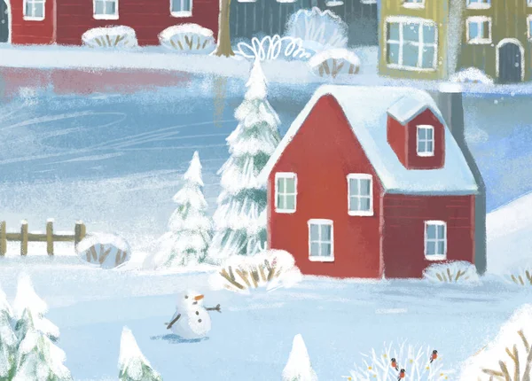 Κινουμένων Σχεδίων Χριστούγεννα Σκηνή Την Πόλη Χειμώνα Κάποια Άγρια Ζώα — Φωτογραφία Αρχείου