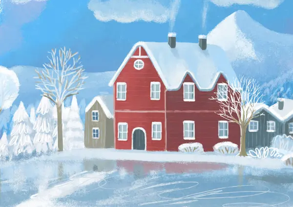 Dibujos Animados Escena Navidad Con Ciudad Invierno Con Algunos Niños — Foto de Stock
