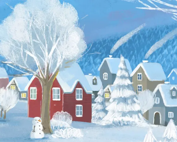 Cartoni Animati Scena Natale Con Città Inverno Con Alcuni Bambini — Foto Stock
