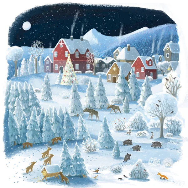 Cartone Animato Scena Natale Con Città Inverno Con Alcuni Animali — Foto Stock