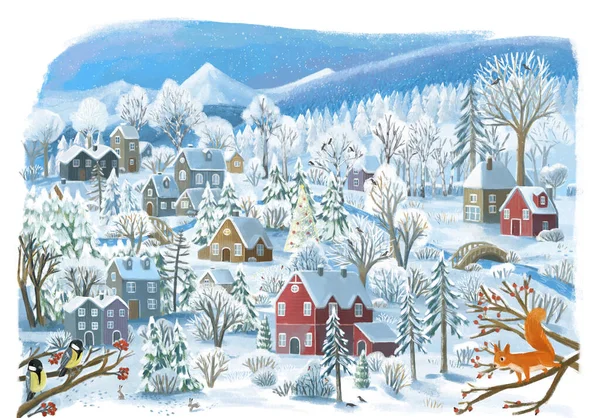 子供のための町のイラストの近くのいくつかの野生動物との冬の都市との漫画のクリスマスのシーン — ストック写真