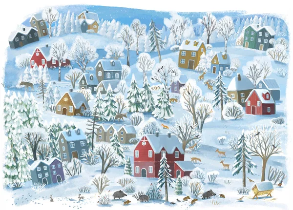 Cartoon Weihnachtsszene Mit Der Stadt Winter Mit Einigen Kindern Der — Stockfoto