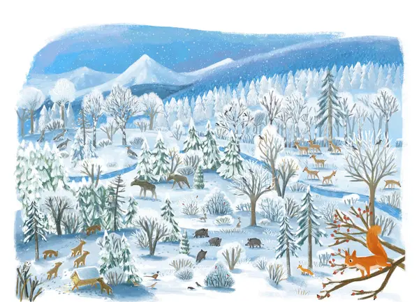 Cartoon Cena Natal Com Cidade Inverno Com Alguns Animais Selvagens — Fotografia de Stock
