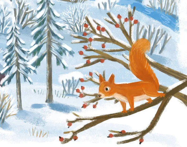 在冬季与城市的卡通片圣诞场景中 有一些给孩子们看的松鼠图解 — 图库照片