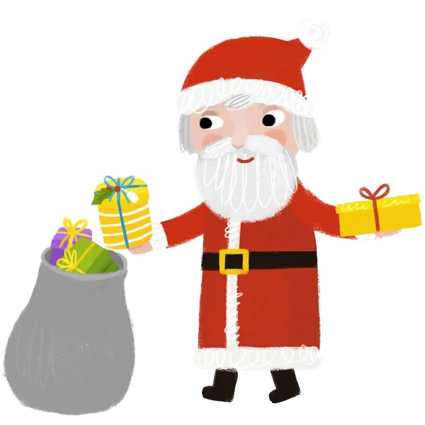 Cartoon Gelukkig Kersttafereel Met Kerstman Met Cadeautjes Illustratie Voor Kinderen — Stockfoto