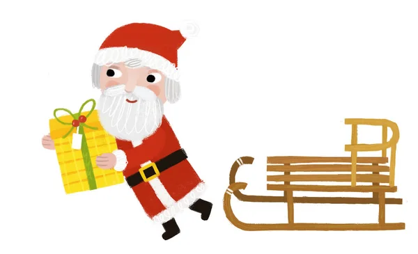 Cartoon Gelukkig Kersttafereel Met Kerstman Met Slee Met Cadeautjes Illustratie — Stockfoto