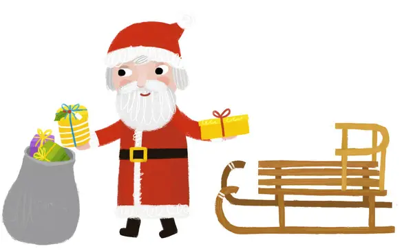 Κινούμενα Σχέδια Ευτυχισμένη Χριστουγεννιάτικη Σκηνή Σάντα Claus Έλκηθρο Δώρα Εικονογράφηση — Φωτογραφία Αρχείου