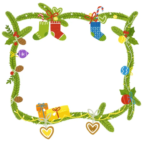 子供のための松の円錐形の二重火フレームの枠のイラストのような自然からのクリスマスの党の装飾が付いている漫画のシーン — ストック写真