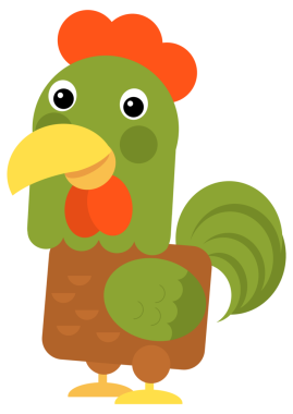 Mutlu gülümseyen tavuk horozlu çizgi film sahnesi çocuklar için izole edilmiş.