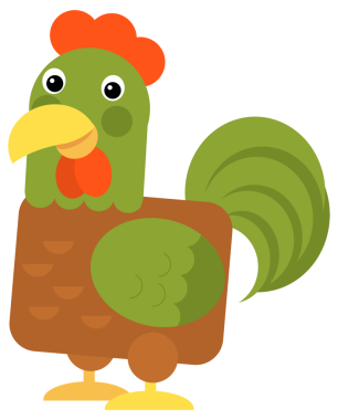 Mutlu gülümseyen tavuk horozlu çizgi film sahnesi çocuklar için izole edilmiş.