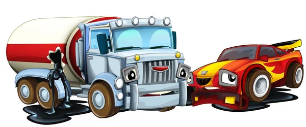 Cartoon Scene Met Twee Auto Crashen Ongeval Sportwagen Bouwplaats Stortbak — Stockfoto
