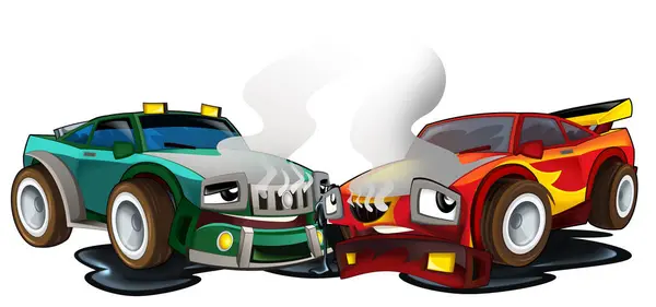 cartoon scene with two cars crashing in accident sports car and construction site cistern isolated illustration for kids