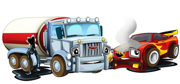 cartoon scene with two cars crashing in accident sports car and construction site cistern isolated illustration for kids