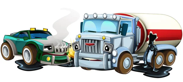 cartoon scene with two cars crashing in accident sports car and construction site cistern isolated illustration for kids