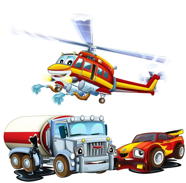 Cartoon Scene Met Twee Auto Crashen Ongeval Sportwagen Bouwplaats Cisterne — Stockfoto
