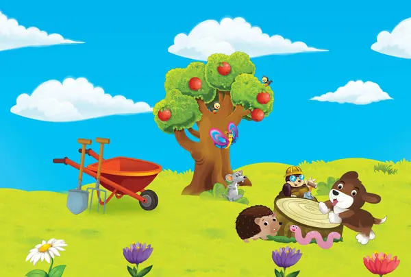 子供のための美しい日のイラストの農場の牧場の庭そして動物が付いている漫画のシーン — ストック写真