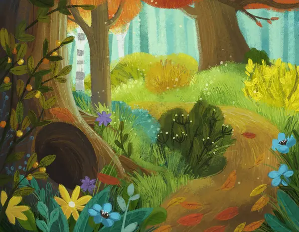 Cartoon Scene Magicaly Looking Meadow Forest Sunny Day Illustration Kids — Stock Photo, Image