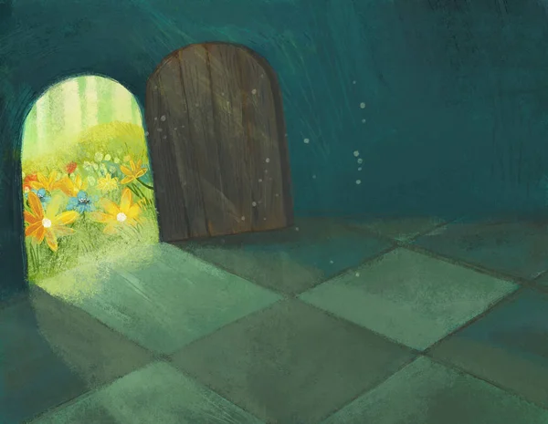 Scena Kreskówek Ukrytym Pokoju Jakiegoś Zamku Jak Dom Otwarte Drzwi — Zdjęcie stockowe