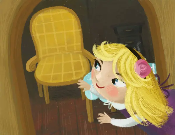 cartoon scene in the hidden room of some cosy house like house with lots of doors with child girl little princess illustration for kids