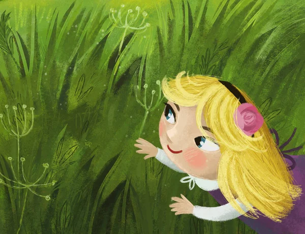 Kreskówka Scena Magicznie Patrząc Łąka Lesie Słoneczny Dzień Dzieckiem Dziewczynka — Zdjęcie stockowe